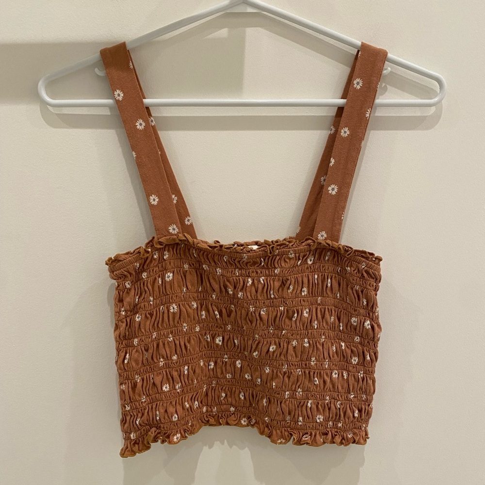 AMERICAN EAGLE - Brown Floral Smocked Crop Tank Top